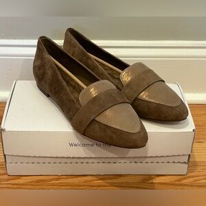 Birdies Two-Tone Suede Loafers in Brown and Tan/Gold sheen